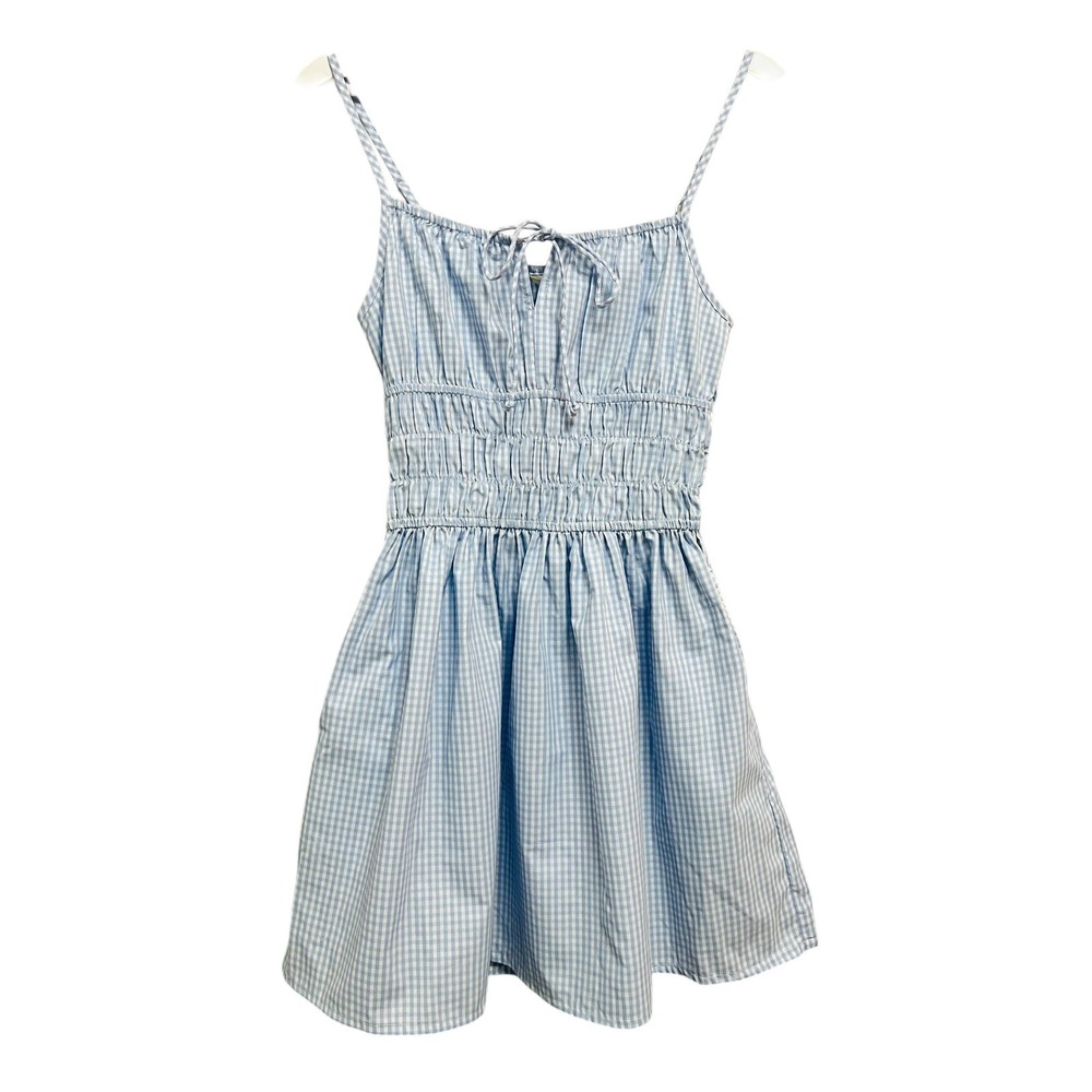 Sim & Sam Gingham Mini Dress Womens S Blue Smocked Tie Front Cottagecore Coastal